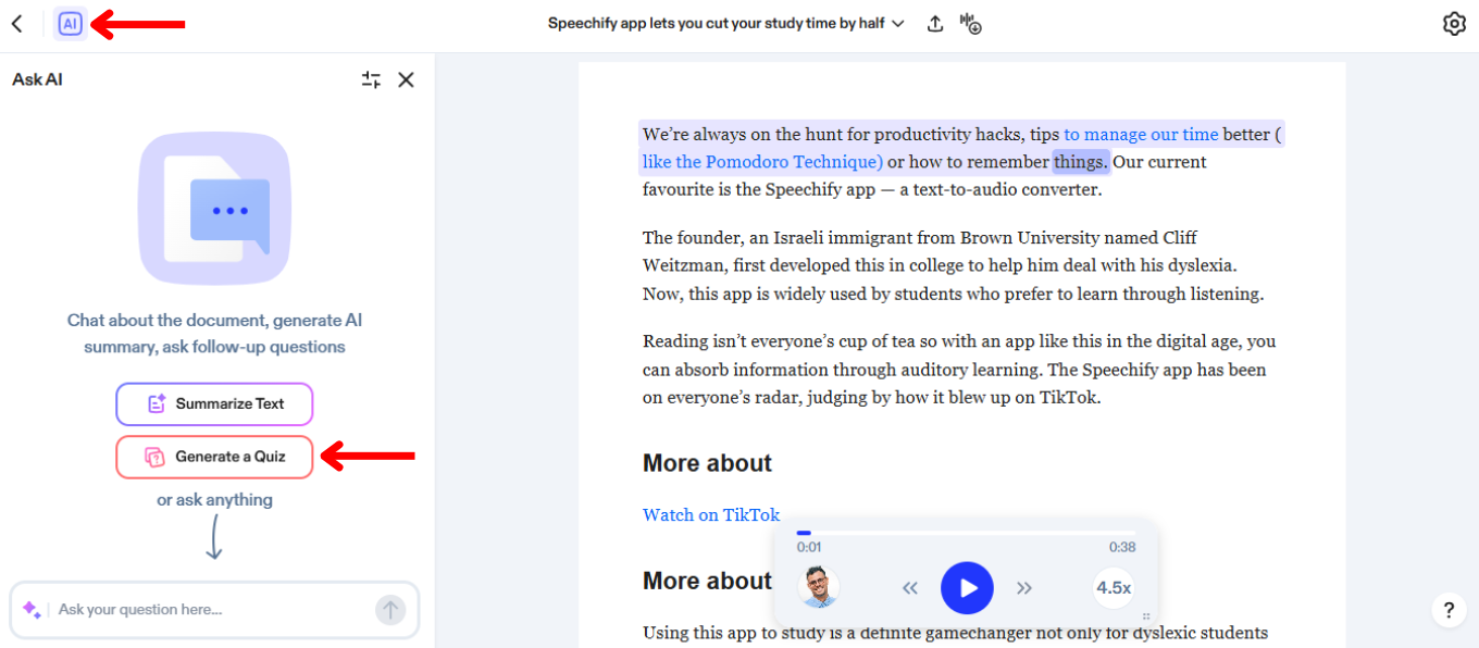 How to use AI Quiz on the Speechify Web App
